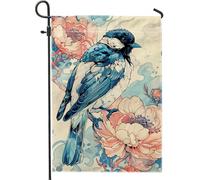 Bandiera da giardino di uccelli blu per primavera ed estate decorazione floreale ad acquerello per la casa, tela di iuta double face, bandiera del patio esterno, 12 x 18 pollici