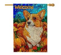 Bandiera da giardino di Welcome Corgi, arancione con foglie autunnali e zucca, decorazione per esterni, in iuta su entrambi i lati, per la stagione autunnale, decorazione per la casa, 71 x 101 cm