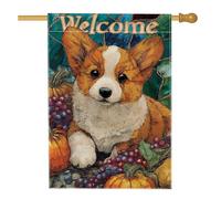 Bandiera da giardino di Welcome Corgi, decorazione autunnale con cucciolo arancione, striscione per esterni in iuta su entrambi i lati, decorazione autunnale per casa e feste, 71 x 101 cm