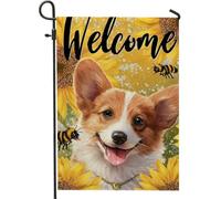 Bandiera da giardino di Welcome Corgi, decorazione per esterni con api di girasole gialli, striscione estivo in iuta su entrambi i lati, decorazione per la casa per amanti degli animali, 30,5 x 45,7