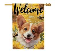 Bandiera da giardino di Welcome Corgi, decorazione per esterni con api di girasole gialli, striscione estivo in iuta su entrambi i lati, decorazione per la casa per amanti degli animali, 71 x 101 cm