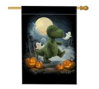 Bandiera da giardino dinosauro verde per Halloween, fantasmi carini, zucca, decorazione per la casa, banner double face in iuta, decorazione per feste all'aperto, 71,1 x 101,6 cm