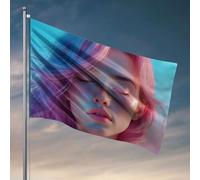 Bandiera da giardino divertente a persona con gli occhi chiusi, capelli colorati. Bandiera alla moda per la stanza dei ragazzi, regalo divertente per il capo (120 x 180 cm)