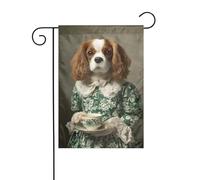 Bandiera da giardino divertente con cane che tiene una tazza di caffè, 30 x 45 cm, verticale, double face, decorazione per casa colonica, vacanze, esterni, bandiera da cortile
