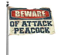 Bandiera da giardino divertente con pavone e scritta in inglese "Beware Of Attack", decorazione vintage per camera dei ragazzi (120 x 180 cm)