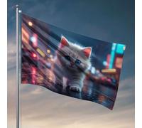 Bandiera da giardino divertente con un gattino soffice con gli occhi azzurri cammina su una strada bagnata della città di notte. Bandiera per marito, decorazione per ufficio per uomo (120 x 180 cm)