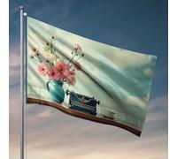 Bandiera da giardino divertente vintage con macchina da scrivere e fiori su un tavolo in legno bandiera a vento per esterni bandiere auto per camera (152 x 244 cm)