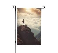 Bandiera da giardino "Donna in cima a una montagna", 12x18 pollici, stampa fronte-retro, per interni ed esterni, per decorazioni domestiche, striscioni fotografici e fondali esterni.