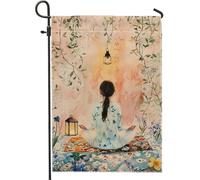 Bandiera da giardino donna meditazione striscione floreale pesca morbido decorazione casa bandiera patio doppio lato per decorazione giardino esterno stile relax