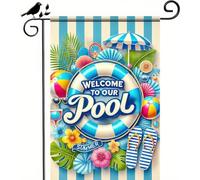 Bandiera da giardino double face, 30,5 x 45,7 cm, con scritta "Welcome to Our Pool Garden", decorazione estiva da giardino con foglie di pal