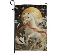 Bandiera da giardino equestre primaverile ed estiva, decorazione floreale con cavallo bianco, striscione per prato esterno, decorazione rustica su entrambi i lati, 30,5 x 45,7 cm