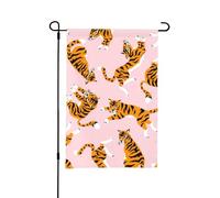 Bandiera da giardino estiva bifacciale da esterno, motivo: animali da circo, tigri carine su sfondo rosa, 12x18 pollici