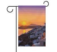 Bandiera da giardino estiva con paesaggio al tramonto sull'isola greca, doppia faccia, 12x18 pollici, bandiere da giardino con sole primaverile, benvenuto stagionale, decorazione per esterni