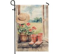 Bandiera da giardino estiva, gerani di pesca e cappello di paglia, decorazione esterna banner in juta double face per decorazione prato, 12 x 18 pollici