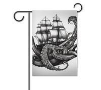 Bandiera da giardino estiva piccola bandiera da cortile per esterni 30,5 x 45,7 cm bandiera per casa su entrambi i lati bandiera bianca nera polpo e nave bandiera di benvenuto stagionale bandiera per