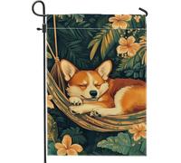 Bandiera da giardino estiva tropicale corgi, arancione che dorme cane floreale, decorazione per la casa per prato, decorazione per esterni su entrambi i lati, per gli amanti degli animali, 30,5 x 45,7