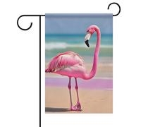 Bandiera da giardino estiva "Un fenicottero rosa sulla spiaggia", bifacciale, 12x18 pollici, per esterni, con sole primaverile, per un benvenuto stagionale.