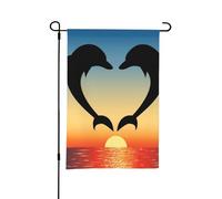 Bandiera da giardino estivo bifacciale da esterno, con due delfini che saltano a forma di cuore, 12x18 pollici