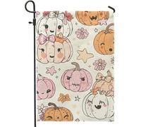 Bandiera Da Giardino Fall Pumpkin Cute Cartoon Pumpkins And Flowers Bandiera Verticale Impermeabile Bandiere Decorative Colori Vivaci Garden Flag Per Celebrazioni Festival Feste 30X45CM