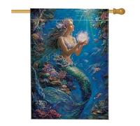 Bandiera da giardino fantasia a sirena, bandiera blu oceano, bandiera decorativa su entrambi i lati, in iuta, per esterni, decorazione estiva per prato, 71 x 101 cm