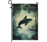Bandiera da giardino fantasiosa con balena e gatto, decorazione per esterni a tema oceano blu, bandiera da cortile in iuta su entrambi i lati, per la decorazione stagionale della casa, 30,5 x 45,7 cm