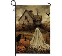 Bandiera da giardino fantasma casa infestata di Halloween, zucche spaventose, corvo, decorazione della casa, bandiere da patio, decorazione per prato all'aperto, 12 x 18 pollici
