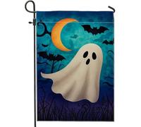 Bandiera da giardino fantasma di Halloween, bandiera blu con pipistrello e luna, bandiera da giardino in iuta su entrambi i lati, decorazione spettrale per il prato per festival autunnali 30,5 x 45,7