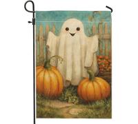 Bandiera da giardino fantasma di Halloween, decorazione per esterni con zucca arancione, striscione in iuta su entrambi i lati per celebrazione autunnale, decorazione per prato per casa e giardino