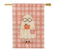 Bandiera da giardino fantasma di Halloween, fantasia a quadri color pesca con zucca, decorazione per esterni, striscione in iuta su entrambi i lati per feste autunnali 71 x 101 cm