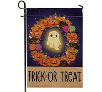 Bandiera da giardino fantasma di Halloween, ghirlanda di zucca viola, decorazione per esterni, striscione in iuta su entrambi i lati, decorazione per prato per vacanze autunnali 30,5 x 45,7 cm