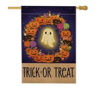 Bandiera da giardino fantasma di Halloween, ghirlanda di zucca viola, decorazione per esterni, striscione in iuta su entrambi i lati, decorazione per prato per vacanze autunnali 71 x 101 cm