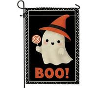 Bandiera da giardino fantasma di Halloween, spirito spettrale nero con zucca lecca-lecca, decorazione per esterni, striscione in iuta su entrambi i lati per feste autunnali decorazione prato 30,5 x