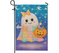 Bandiera da giardino fantasma fantasma, decorazione blu di Halloween con zucca e stelle, striscione su entrambi i lati in iuta per prato all'aperto per celebrazione autunnale 30,5 x 45,7 cm