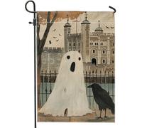 Bandiera da giardino fantasma Halloween in bianco e nero castello spaventoso, bandiere da giardino, bandiera in tela di iuta double face, decorazione per prato esterno, 12 x 18 pollici