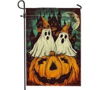 Bandiera da giardino fantasmi di Halloween, cappelli da strega arancioni e zucche, decorazione autunnale, bandiere da patio double face per casa spaventosa, decorazione prato all'aperto, 12