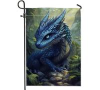 Bandiera da giardino fantasy con drago blu, foresta mistica, bandiera su entrambi i lati, per esterni, decorazione per la casa primaverile ed estiva, design artistico singolo, 30,5 x 45,7 cm