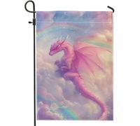Bandiera da giardino fantasy con drago pesco, nuvole arcobaleno, decorazione per esterni, decorazione stagionale per casa e giardino, bandiera da cortile su entrambi i lati per prato 30,5 x 45,7 cm