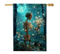 Bandiera da giardino fatata con scheletro fantasia, bandiera della foresta incantata blu, bandiera da cortile double face in tela di iuta, decorazione per prato di Halloween e esterni, 71,1 x 101,6 cm