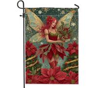 Bandiera da giardino fatata, motivo stella di Natale con albero di Natale, rosso, double face, decorativa, per esterni, patio, prato, portico, balcone, 30,5 x 45,7 cm