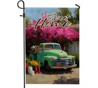 Bandiera da giardino fiorita primaverile ed estate, bandiera vintage verde con camion floreale per la casa, decorazione per la casa su entrambi i lati, 30,5 x 45,7 cm