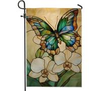 Bandiera da giardino floreale a farfalla, verde e blu, decorazione per la casa, bandiera da giardino in iuta su entrambi i lati, decorazione per esterni, primavera estate e cortile, arte 30,5 x 45,7