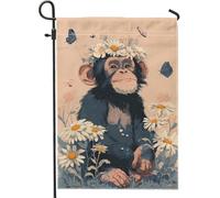 Bandiera da giardino floreale a forma di scimmia, primaverile ed estate, con crisantemo e farfalle, decorazione per la casa all'aperto, in iuta su entrambi i lati, 30,5 x 45,7 cm