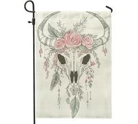 Bandiera da giardino floreale a forma di teschio rosa pesca decorazione esterna double face in juta per primavera ed estate decorazione per la casa rustica per prato e giardino, 30,5 x