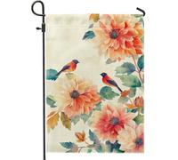 Bandiera da giardino floreale autunnale, con uccelli dalie arancioni, decorazione per la casa e il cortile, in tessuto su entrambi i lati, decorazione per esterni, per esposizione stagionale del prato
