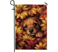 Bandiera da giardino floreale autunnale, cucciolo di pelliccia dorata con girasoli per la decorazione della casa, bandiera da cortile su entrambi i lati, decorazione per prato all'aperto, decorazione