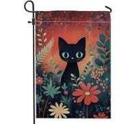 Bandiera da giardino floreale autunnale gatto e fiori colorati decorazione esterna bandiere in tela di iuta double face per festa di Halloween, decorazione prato a tema autunnale, 12x18