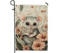 Bandiera da giardino floreale autunnale, motivo topolino con fiori beige, decorazione per la casa e il giardino, bandiera su entrambi i lati, in iuta, decorazione stagionale per esterni, 30,5 x 45,7