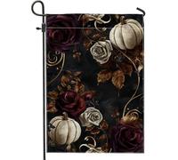 Bandiera da giardino floreale autunnale, rose viola scuro e zucca bianca, striscione decorativo per la casa, bandiera da giardino in iuta su entrambi i lati, decorazione autunnale per esterni, 30,5 x