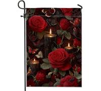 Bandiera da giardino floreale autunnale rossa, rose scure e farfalle, striscione decorativo per la casa, bandiera da giardino in iuta su entrambi i lati, decorazione per Halloween per esterni, 30,5 x
