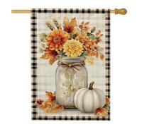 Bandiera da giardino floreale autunnale, vaso di vetro con fiori arancioni, striscione decorativo per la casa, bandiera a scacchi su entrambi i lati, decorazione autunnale per esterni, 71 x 101 cm